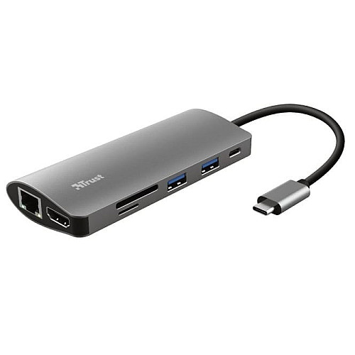 Хаб Trust Dalyx 7-IN-1 USB-С > 2xUSB-А 3.2/USB-С/HDMI/Ehernet/SD/microSD, Алюміній, 0.25м, Сірий