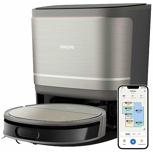 Робот-пылесос Philips Series 9000, h=9.8см, влажная уборка, пыль -0.21л, вода -0.22л, автон. работа до 280мин, EPA 11, черный-металлик