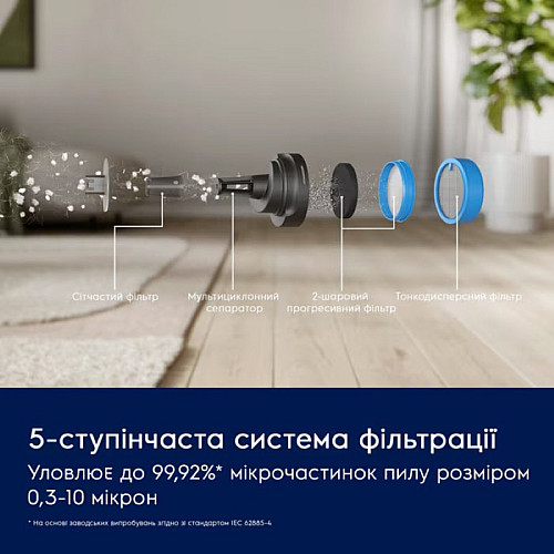 Пилосос Electrolux безпровідний, вологе прибирання, конт пил -0.5л, автон. робота до 50хв, вага-2.49кг, НЕРА12, 5 насадок, синій