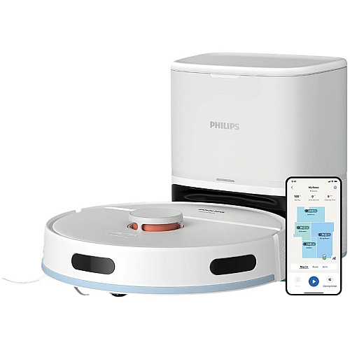 Робот-пылесос Philips Series 2000, h=9.7см, влажная уборка, пыль -0.38л, вода -0.3л, автон. работа до 120мин, EPA 11, Wi-Fi, станция самоочищ., белый