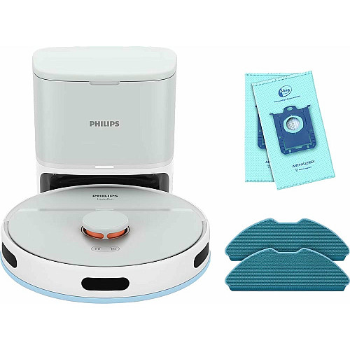 Робот-пылесос Philips Series 2000, h=9.7см, влажная уборка, пыль -0.38л, вода -0.3л, автон. работа до 120мин, EPA 11, Wi-Fi, станция самоочищ., белый