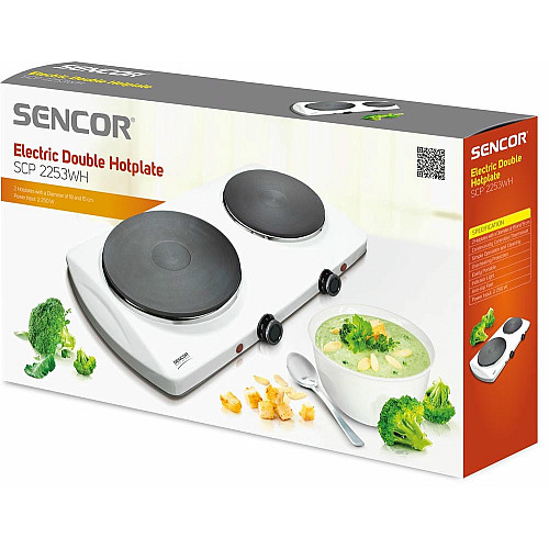 Настольная плитка Sencor электрическая, комфорок - 2 на 1.5кВт + 1кВт, 15 и 18 см, управление - мех., белый