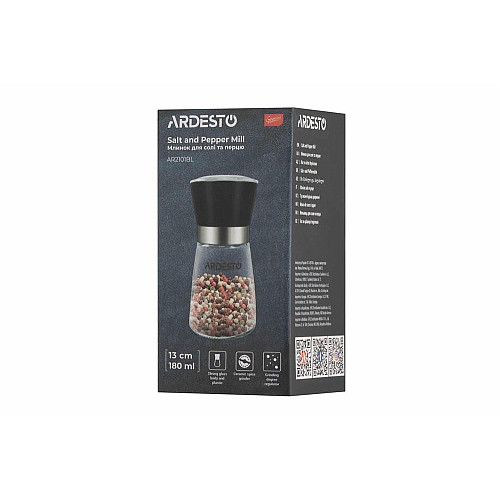 Млинок для солі та перцю ARDESTO Gemini, 180мл, скло, пластик, прозорий, чорний