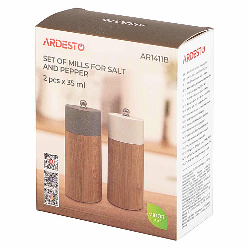 Набор блинов для соли и перца ARDESTO Midori, 2 предмета, 35мл, бамбук, нержавеющая сталь, пластик, серый, белый