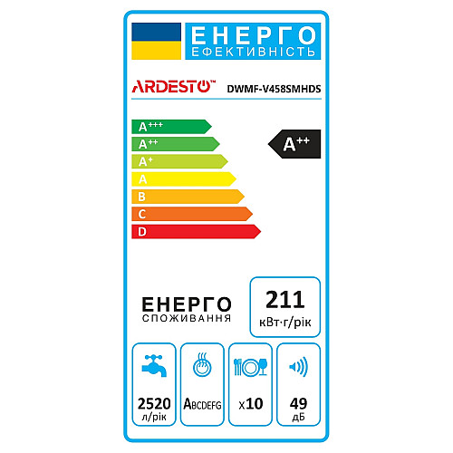 Посудомийна машина ARDESTO, 10компл., А++, 45см, дисплей, гігієн.обробка, сріблястий