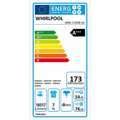 Стиральная машина Whirlpool фронтальная, 7кг, 1200, A+++, 49.6см, дисплей, пара, инвертор, черный люк, белый