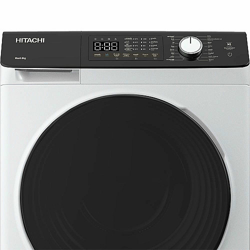 Стиральная машина Hitachi фронтальная, 8кг, 1400, A+++, 60см, дисплей, пара, инвертор, черный люк, белый