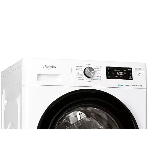 Стиральная машина Whirlpool фронтальная, 9кг, 1400, A+++, 60см, дисплей, пара, инвертор, черный люк, белый