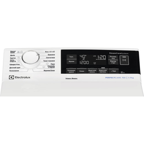 Пральна машина Electrolux вертикальна, 7кг, 1300, A, 60см, дисплей, пара, інвертор, білий