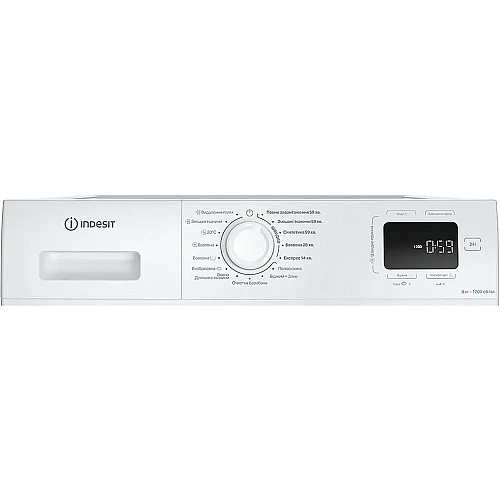 Стиральная машина Indesit фронтальная, 8кг, 1200, A+++, 54.6см, дисплей, пара, инвертор, черный люк, белый