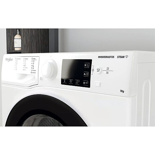 Стиральная машина Whirlpool фронтальная, 7кг, 1200, A+++, 43.5см, дисплей, пара, инвертор, черный люк, белый