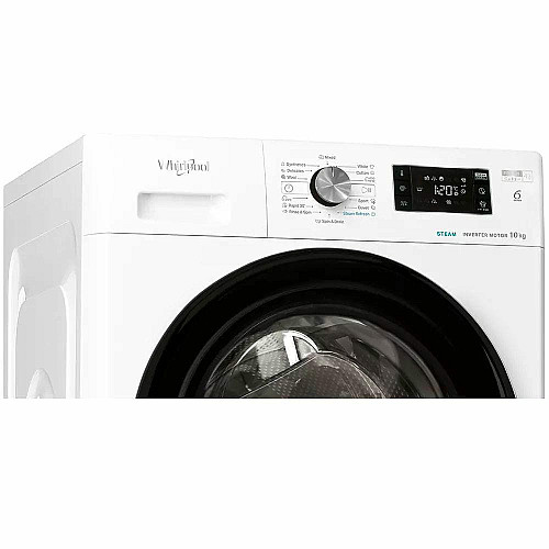 Стиральная машина Whirlpool фронтальная, 10кг, 1400, A+++, 60см, дисплей, пара, инвертор, черный люк, белый