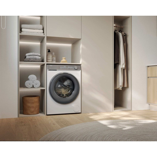 Пральна машина Haier фронтальна, 9кг, 1400, B, 45.2см, дисплей, пара, інвертор, люк сірий, прямий привід, білий