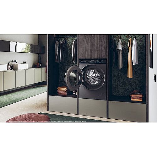 Пральна машина Haier фронтальна, 9кг, 1400, A+++, 60см, дисплей, пара, інвертор, люк чорний, прямий привід, cріблястий