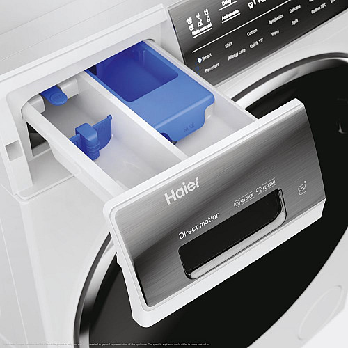 Пральна машина Haier фронтальна, 9кг, 1400, A+++, 52см, дисплей, пара, інвертор, люк чорний, прямий привід, білий
