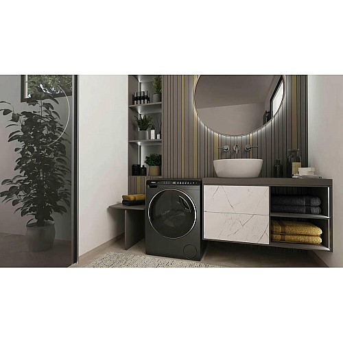 Стиральная машина Haier фронтальная, 5кг, 1200, A, 42.3см, дисплей, инвертор, люк черный, Wi-Fi, высота 70см, серебристый