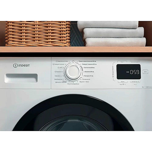 Стиральная машина Indesit фронтальная, 8кг, 1200, A+++, 54.6см, дисплей, пара, инвертор, черный люк, белый