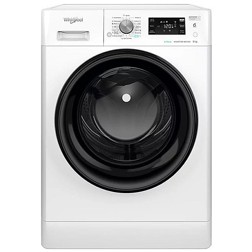 Стиральная машина Whirlpool фронтальная, 9кг, 1400, A+++, 60см, дисплей, пара, инвертор, черный люк, белый
