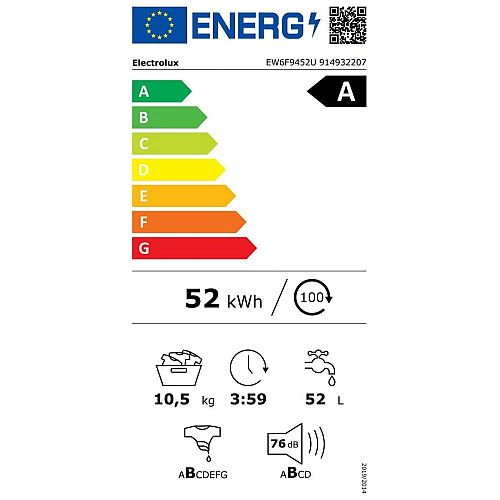 Стиральная машина Electrolux фронтальная, 10.5кг, 1400, A, 66см, дисплей, пара, инвертор, белый