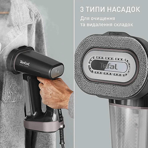 Отпариватель Tefal компактный Pure Force 3в1, 1800Вт, 180мл, постоянная пара – 35гр, керам. подошва, черно-розовый
