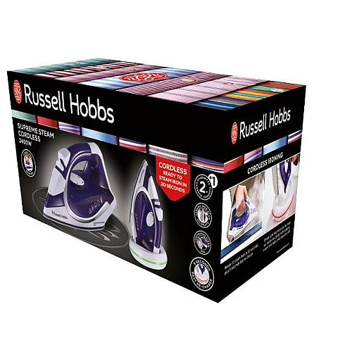 Праска Russell Hobbs безпровідна Supreme Steam Cordless, 2400Вт, 300мл, паровий удар -40гр, постійна пара - 135гр, база для заряджання, автовимкнення, керам. підошва, біло-синій