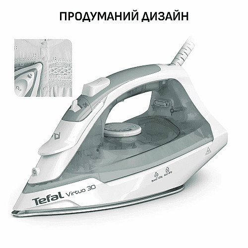 Утюг Tefal Virtuo 30, 2000Вт, 240мл, паровой удар -120гр, постоянная пара - 27гр, керам. подошва, бело-зеленый
