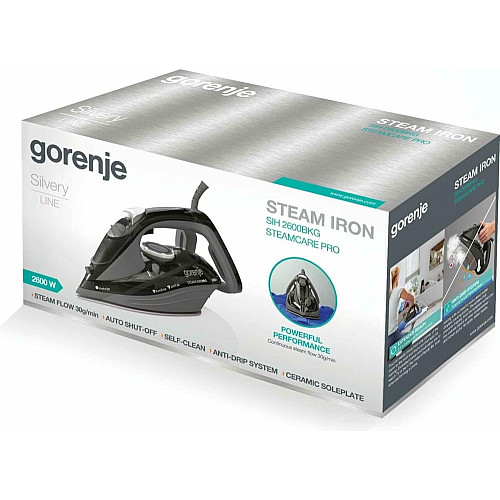 Утюг Gorenje, 2600Вт, 350мл, паровой удар 95гр, верт. отпаривание, антинакипь, автоотключение, керам. подошва, серо-черный