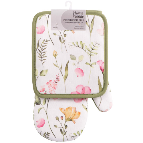 Набір прихваток для кухні ARDESTO Spring flowers 18х20см, 18х30см, 100% поліестер (верх), 100% бавовна (низ), білий