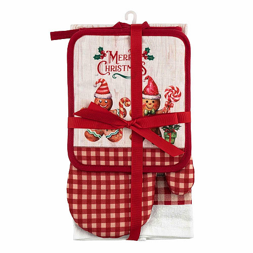 Подарунковий набір для кухні ARDESTO Christmas Gingerbread, 3шт, 100% бавовна (рушничок), 100% поліестер (прихватки), червоний