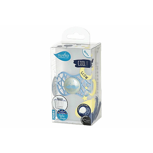 Пустышка Nuvita Air55 Cool 6мес+, ортодонтическая, с колпачком, светящаяся в темноте, усы, голубой