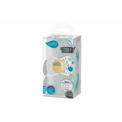 Пустышка Nuvita Air55 Cool 6мес+, симметричная, с колпачком, LOVE желто-серый