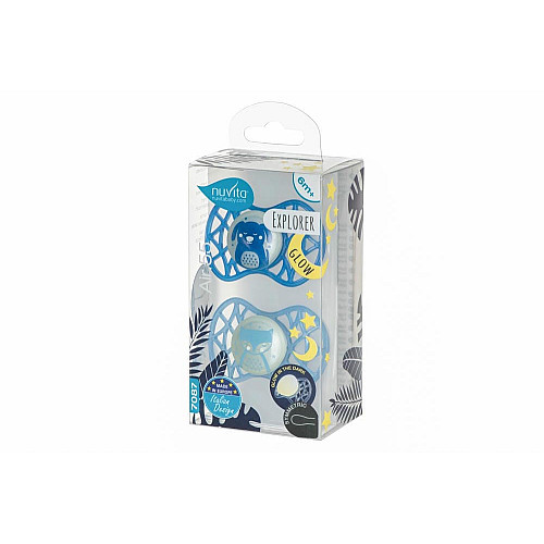 Пустушка Nuvita Air55 Explorer 6міс+, симетрична, 2шт, світиться у темряві, собачка/лис