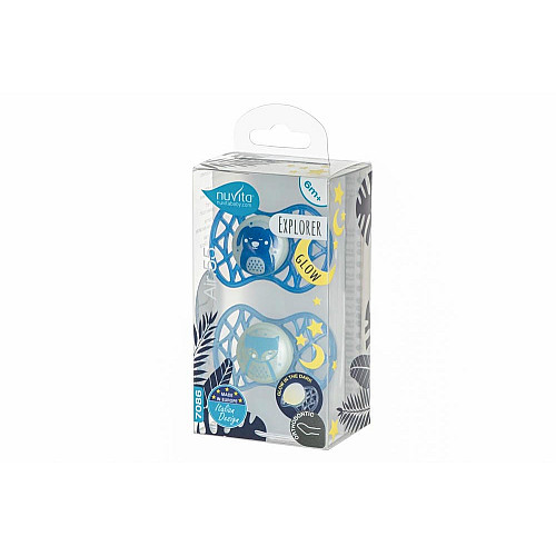 Пустышка Nuvita Air55 Explorer 6мес+, ортодонтическая, 2шт, светится в темноте, собачка/лис
