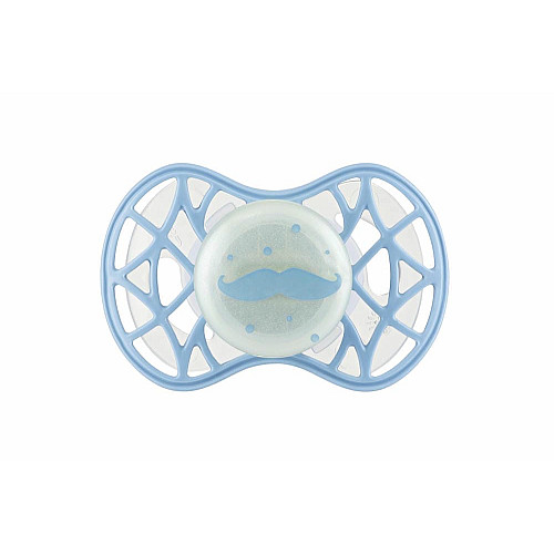 Пустышка Nuvita Air55 Cool 6мес+, симметричная, с колпачком, светящаяся в темноте, усы, голубой