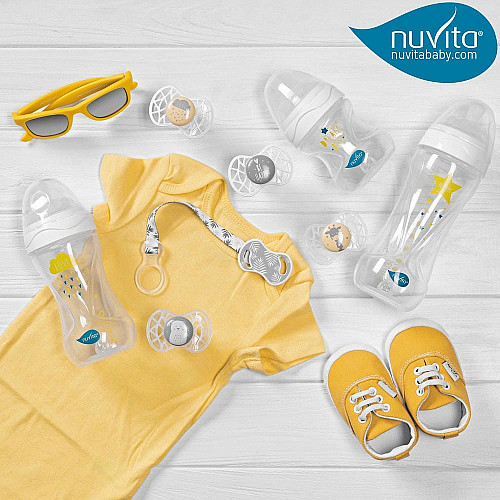 Пустышка Nuvita Air55 Cool 6мес+, ортодонтическая, с колпачком, LOVE желто-серый