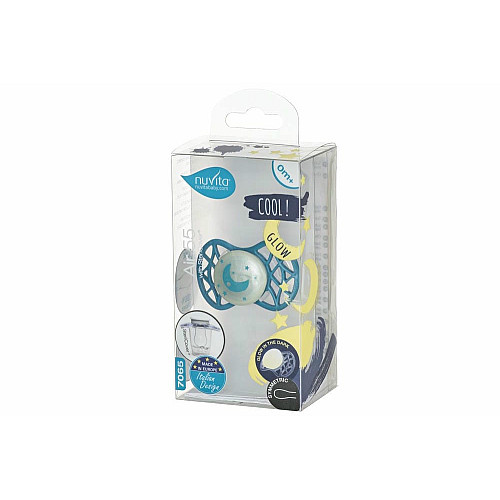 Пустышка Nuvita Air55 Cool 0мес+, симметричная, с колпачком, светящаяся во тьме, луна бирюзовая
