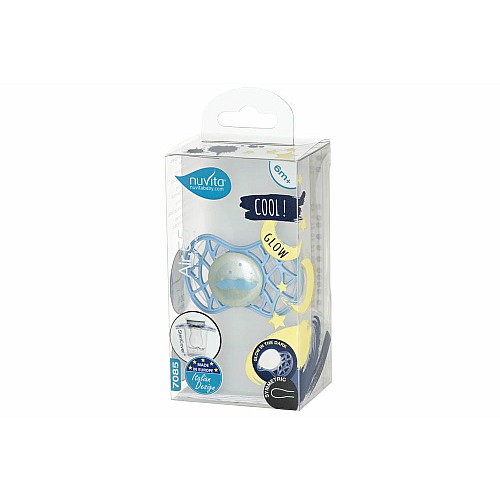 Пустышка Nuvita Air55 Cool 6мес+, симметричная, с колпачком, светящаяся в темноте, усы, голубой