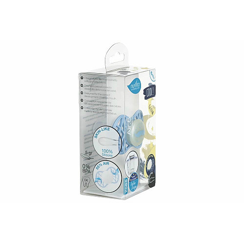 Пустышка Nuvita Air55 Cool 6мес+, симметричная, с колпачком, светящаяся в темноте, усы, голубой
