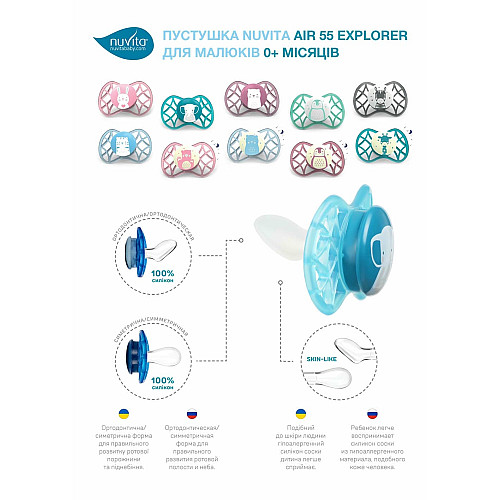 Пустушка Nuvita Air55 Explorer 0міс+, симетрична, 2шт, зебра/пінгвін