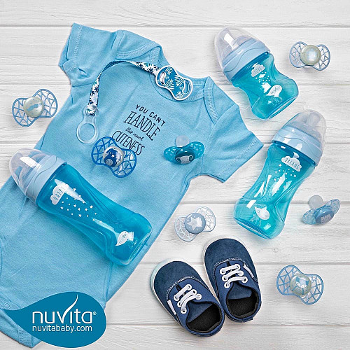 Пустышка Nuvita Air55 Cool 6мес+, симметричная, с колпачком, светящаяся в темноте, усы, голубой