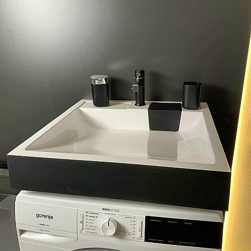 Раковина, умывальник Adamant WASHER NEW, искусственный камень, прямоуголь., с отверстием для смесителя, без перелива, 595х595х115мм, накладной, черно-белый