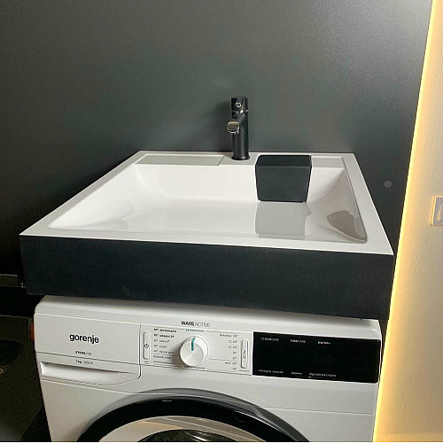 Раковина, умывальник Adamant WASHER NEW, искусственный камень, прямоуголь., с отверстием для смесителя, без перелива, 595х595х115мм, накладной, черно-белый