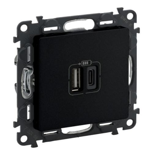 Зарядное устройство с двумя разъемами USB тип А+типС Valena LIFE, 240V, 5V, 3A, матовый черный