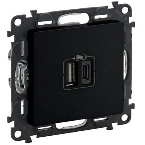 Зарядное устройство с двумя разъемами USB тип А+типС Valena LIFE, 240V, 5V, 3A, матовый черный