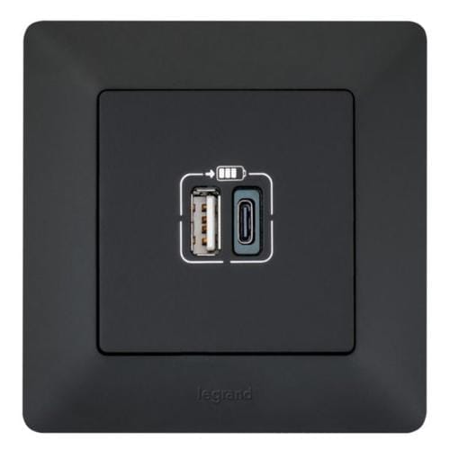 Зарядное устройство с двумя разъемами USB тип А+типС Valena LIFE, 240V, 5V, 3A, матовый черный