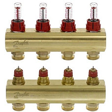 Розподільний колектор Danfoss FHF-F, 4+4 контури, з ротаметрами, латунь