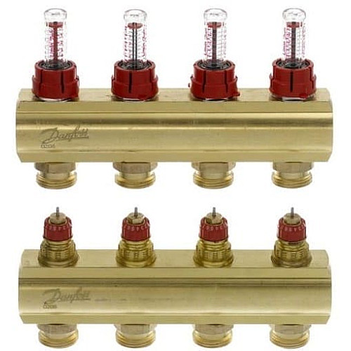 Розподільний колектор Danfoss FHF-F, 4+4 контури, з ротаметрами, латунь