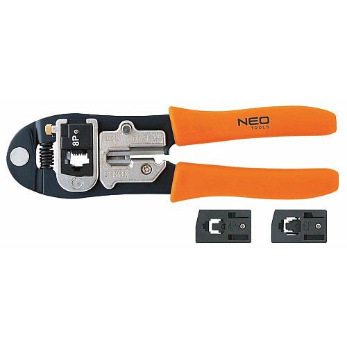 Клещи обжимные Neo Tools, для обжима наконечников 4P, 6P, 8P, сменные головки, 195мм