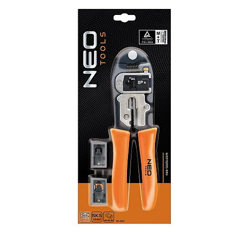 Клещи обжимные Neo Tools, для обжима наконечников 4P, 6P, 8P, сменные головки, 195мм