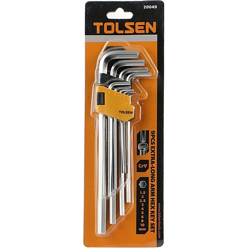 Ключи шестигранные Tolsen, удлиненные, длинные, шаровидный наконечник, 1.5-10мм, CrV, набор 9шт.
